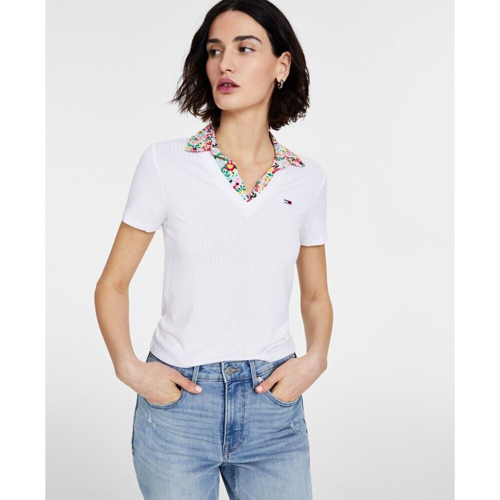 Tommy Hilfiger Shirt Women's Large White Logo Layered-Look Short-Sleeve Top B62